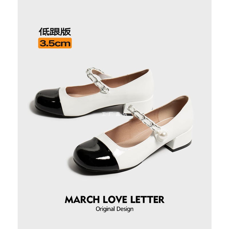 [Low Heel Edition] March Love Book Small Fragrant French Mary Jane Shoes Thick Heel Middle Heel Black And White Small Leather Shoes Single Shoes - Image 2